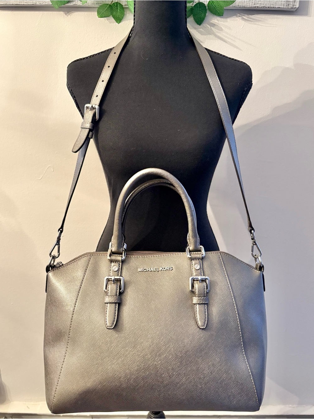 MICHAEL KORS Metallic Silver Saffiano Leather Satchel